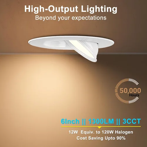 Miniatura 3 de Lightdot - Paquete de 6 luces LED empotrables con rótula de 6 pulgadas, ajustable 360°+90°, temperatura de color de 3CCT seleccionable y regulable