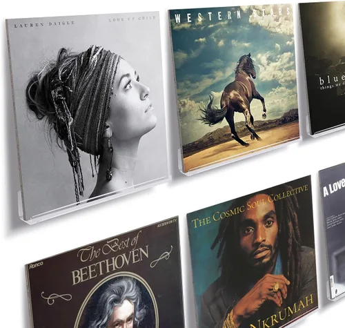 NIUBEE Estante para discos de vinilo transparente para montaje en pared, paquete de 6, soporte para álbumes de discos de acrílico para mostrar tu