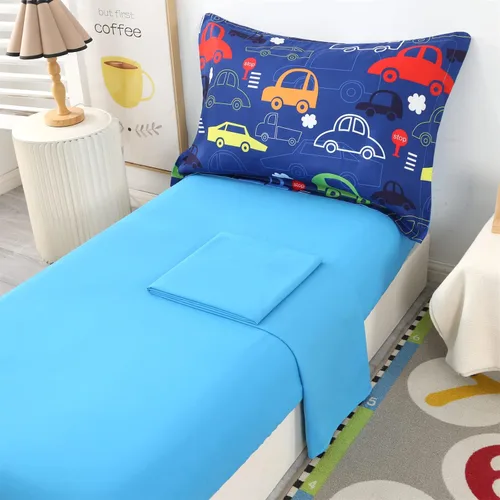 Miniatura 8 de Juegos de ropa de cama para niños pequeños con temática de autos de 4 piezas azules para niños, incluye juego de sábanas y edredón con temática