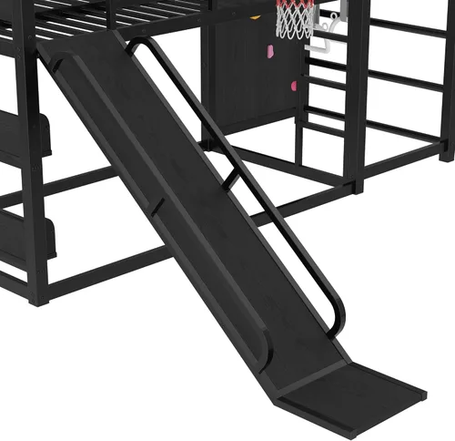 Miniatura 6 de Bellemave Litera de tamaño individual con aro de baloncesto, anillos de dominadas y pared de escalada, litera individual con tobogán y estantería