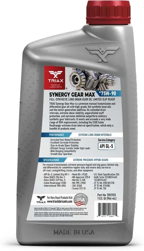 Miniatura 2 de Triax Synergy Gear Max 75W-90 GL-5 Limited Slip - Drenaje ultra largo 500k millas, transmisión manual, lubricante para engranajes/diferencial