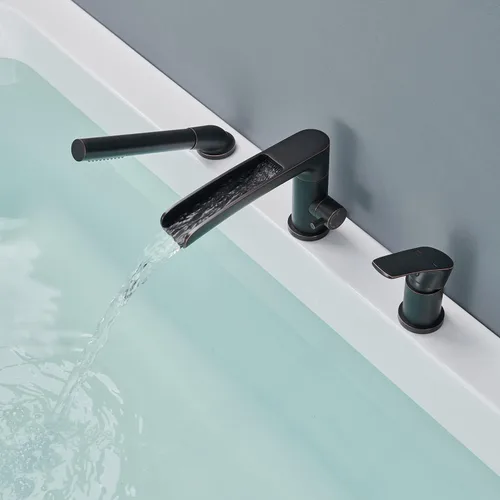 Miniatura 3 de Wowkk Grifo de bañera romana en cascada de bronce aceitado para montaje en cubierta, grifos de baño de latón con ducha de mano Oil Rubbed Bronze