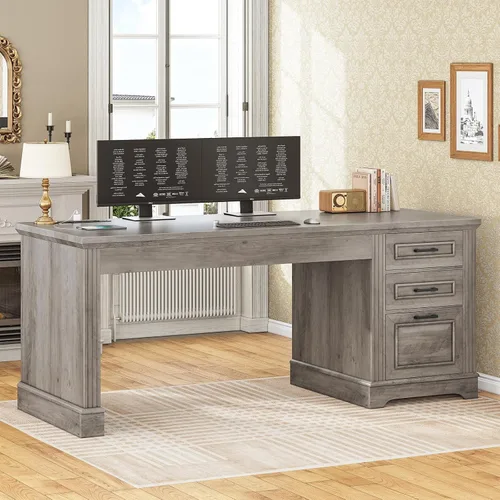 Miniatura 11 de SEDETA Escritorio para computadora estilo granja con estantería superior y 3 cajones, escritorio de oficina ejecutivo de 47.2" con cajones de Blanco