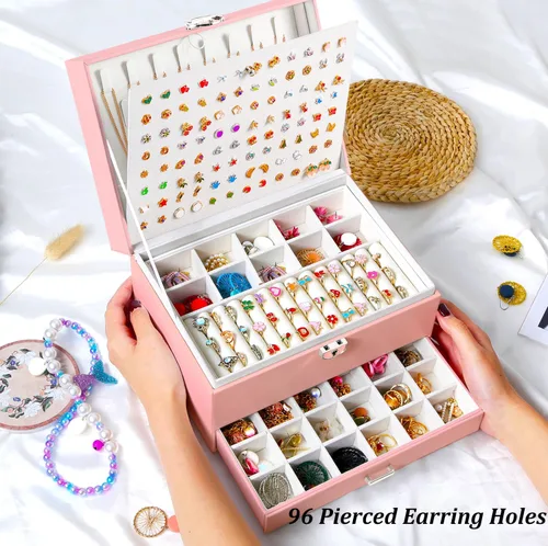 Miniatura 105 de Joyero de pendientes para mujeres y niñas, organizador de aretes de 5 capas, caja organizadora de joyas blanca con candado, collares y aretes
