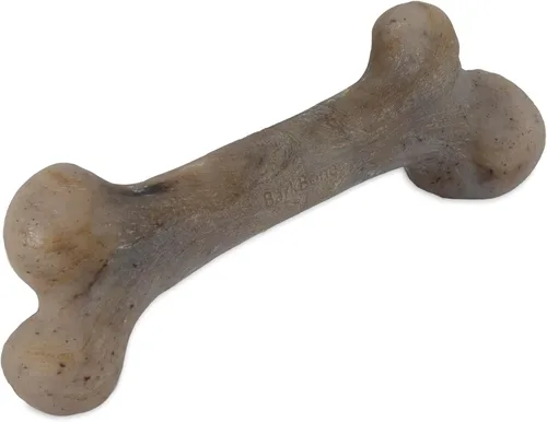 Pet Qwerks Dinosaur BarkBone, hueso de perro de nailon para masticadores agresivos, juguete masticable para perros, sabor tocino, mediano 8.5