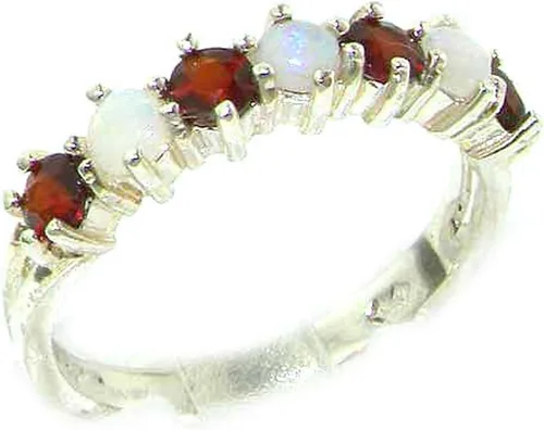Anillo de eternidad de plata de ley 925 auténtica auténtica con ópalo y granate.