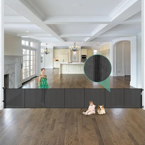 Miniatura 12 de Puerta retráctil reforzada de 96 pulgadas de ancho con varillas de apoyo, puerta retráctil extra larga para perros, puertas exteriores para Negro