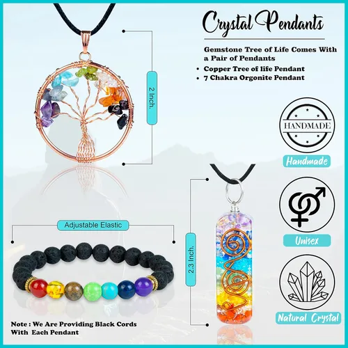 Miniatura 4 de Árbol de la vida de los siete chakras con cristales con pulsera y 2 colgantes – Decoración de bonsái Feng Shui con cristales curativos, regalos