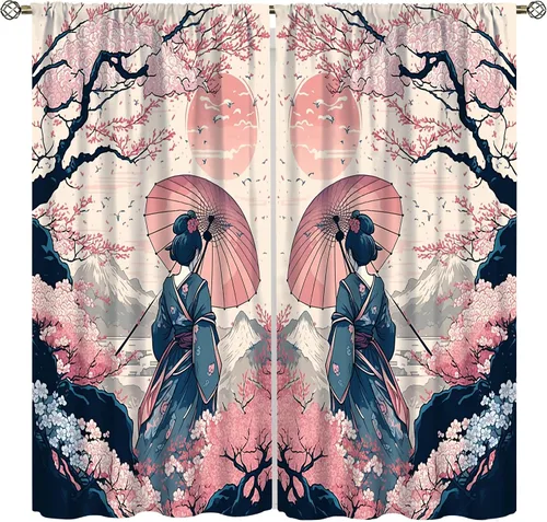 Miniatura 14 de Cortinas de geisha japonesas, flores rosas, ramas de árbol, sexy, glamour, para mujer, encantador, estética, oriental, con bolsillo para barra