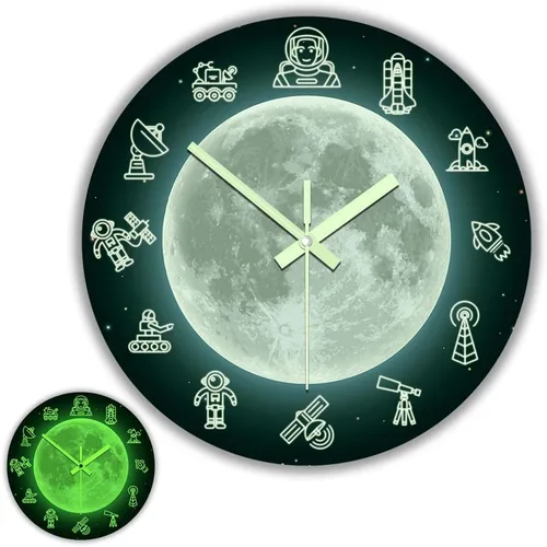 The Geeky Days Reloj de pared que brilla en la oscuridad, diseño de luna de viaje espacial de 12 pulgadas, moderno, luminoso, silencioso y luminoso,