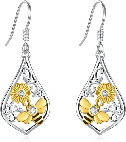 Miniatura 171 de Aretes colgantes de plata de ley con diseño de árbol de la vida, flor, abeja, animales, gato, colibrí, piedra lunar, turquesa, aretes con cierre