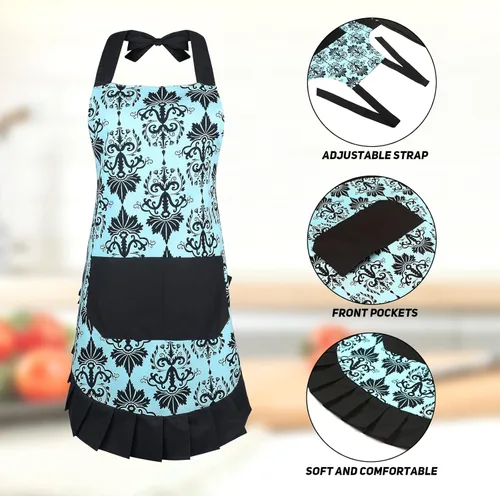 Miniatura 4 de G2PLUS Delantal de damasco vintage de algodón para mujer, cuello ajustable y bolsillo grande, azul y negro, lindo delantal de cocina y horneado