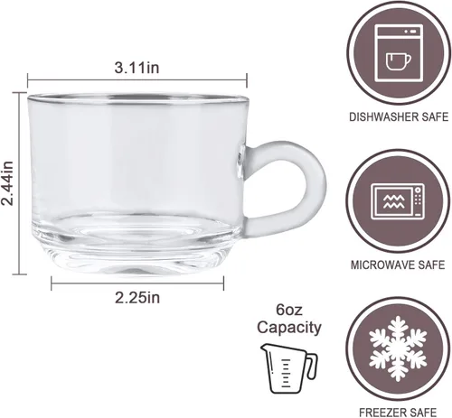 Miniatura 2 de Taza de café transparente con asa de 6 onzas, juego de 12 tazas de café de vidrio transparente de alta calidad, tazas de té para bebidas frías