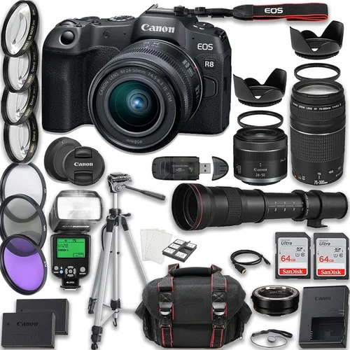 Canon Cámara sin espejo EOS R8 RF 0.945-1.969 in f/4.5-6.3 es STM + EF 2.953-11.811 in III + lentes HD de 16.535-31.496 in + accesorios incluidos: 2