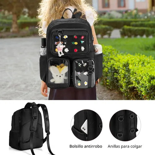 Miniatura 5 de Ita Bolso con Pin de Exhibición Mochila con Inserción, Mochila Estética Kawaii con Funda para Laptop para Cosplay y Concierto, Negro, Mediana