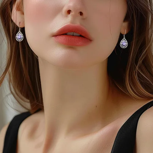 Miniatura 330 de Aretes colgantes de plata de ley con diseño de árbol de la vida, flor, abeja, animales, gato, colibrí, piedra lunar, turquesa, aretes con cierre