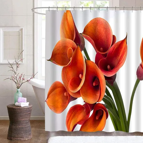 Miniatura 4 de Cortina de ducha de flores naranjas, naranja quemado, lirio de cala, floral, hermoso, romántico, primavera, plantas creativas, tela de poliéster