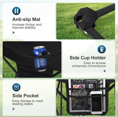 Miniatura 6 de LET'S CAMP Silla de camping 2 unidades de sillas plegables con bolsa enfriadora de 4 latas, silla de césped portátil con soporte para tazas, Negro