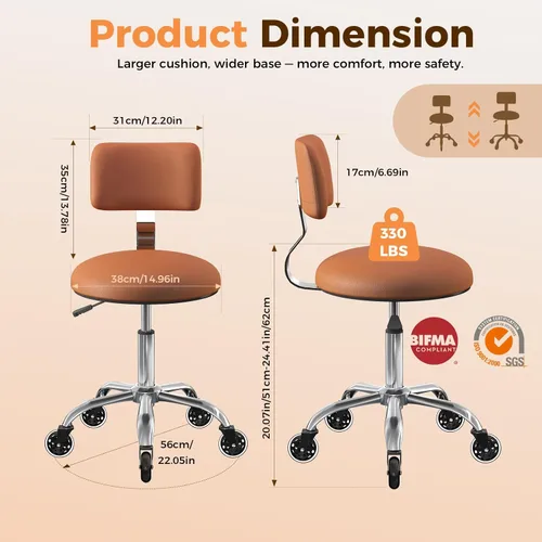 Miniatura 2 de Silla de dibujo con ruedas, silla de dibujo de oficina con soporte de espalda, taburete de escritorio de pie ajustable en altura con cojín de piel