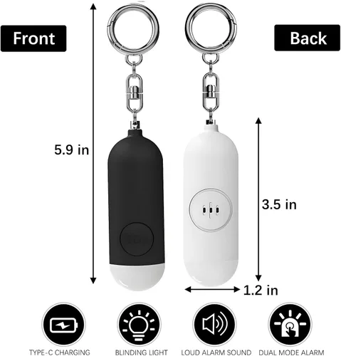 Miniatura 5 de Luz estroboscópica de alarma de seguridad personal, paquete de 2 llaveros de sirena con mosquetón para mujeres, niños escolares, corredores