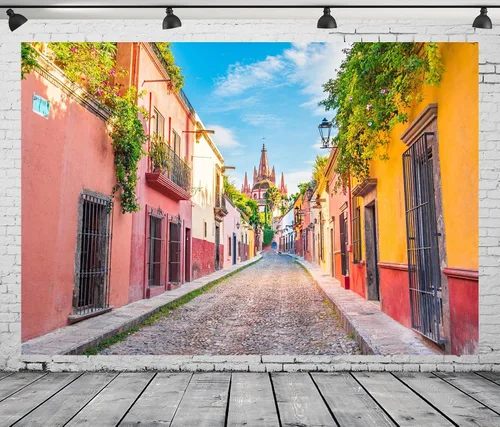 Miniatura 4 de BELECO Telón de fondo de tela medieval de 5 x 3 pies, casas coloridas de San Miguel de Allende, fondo de pueblo mexicano para cumpleaños, boda