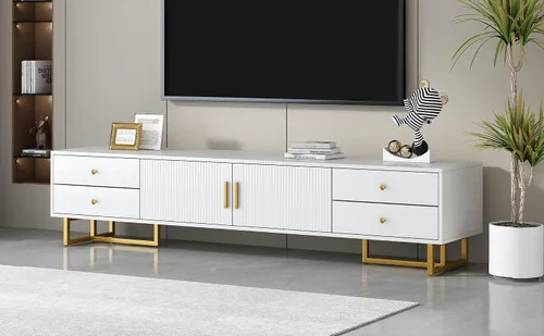Miniatura 7 de BROVAVE 71" Wave Groove TV Stand, Entertainment Center with Metal Handles, TV Media Console with Cable Storage Hole for Living Room, White Negro