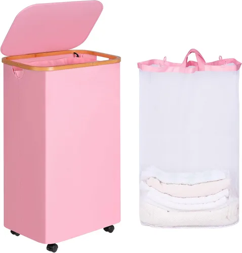 Miniatura 8 de iEGrow Cesta de lavandería delgada de 65L, cesta de lavandería estrecha con tapa, cesta de ropa plegable con asas de bambú, cesta de lavandería