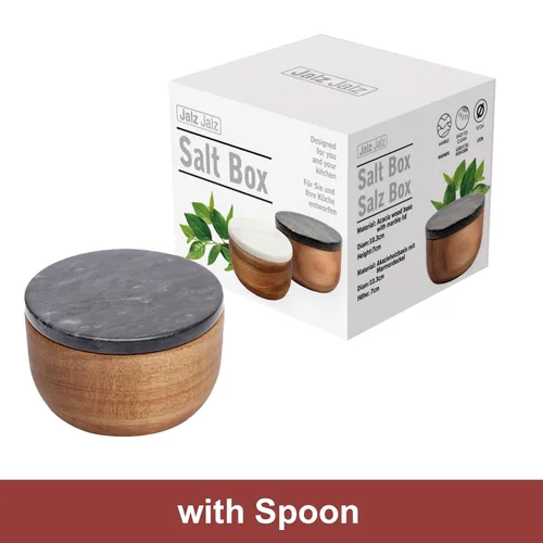 Miniatura 2 de jalz jalz Salero Grande de Madera de Acacia con Tapa de Mármol - Caja de Sal Pesada de 10oz con Cuchara - Contenedor de Especias de Madera Maciza