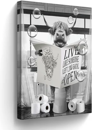 Miniatura 9 de Lienzo decorativo de osos divertidos para pared, cuadros en blanco y negro, decoración de pared de baño, oso sentado en el inodoro, lectura
