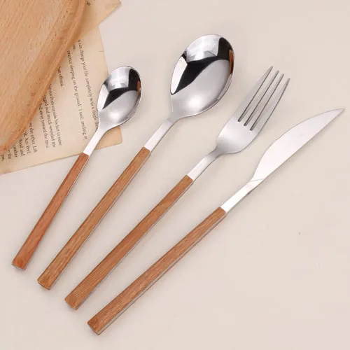 Miniatura 5 de Juego de cubiertos de madera de 32 piezas para 6 personas con mango de madera de imitación de madera de acero inoxidable para boda, hogar, cocina