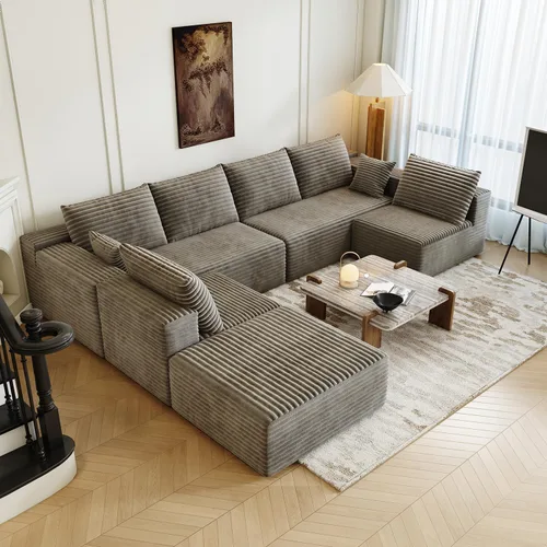 Miniatura 24 de Sofá seccional modular de 139.4", sofás minimalistas en forma de U con 2 otomanas chaise, sofá cama convertible moderno de asiento profundo, tela