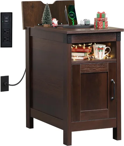 Miniatura 12 de WLIVE - Mesa auxiliar con estación de carga; mesa auxiliar estrecha para sala de estar, mesa de noche de estilo granja con almacenamiento, pequeño