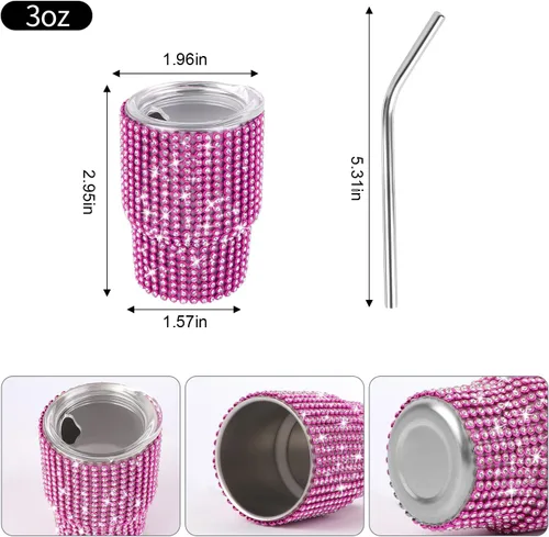 Miniatura 2 de INSTOME Vaso de chupito brillante de 3 onzas, mini tazas con tachuelas de diamantes de imitación con pajitas, brillo similar a un diamante para Rosa