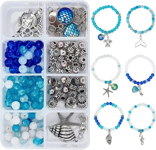 SUNNYCLUE 1 caja de 270 piezas de kit de fabricación de pulseras con tema oceánico, cuentas de cristal coloridas de 0.236 in, tortugas, sirenas,