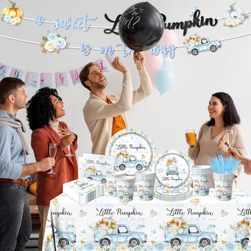 Miniatura 5 de Decoración de baby shower de calabaza, 142 piezas, una dulce pequeña calabaza está en camino, camión floral azul para niños, mantel desechable