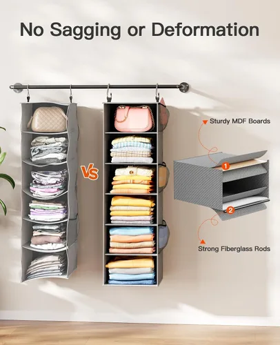 Miniatura 4 de Pipishell Organizador colgante de armario con 6 estantes, estantes colgantes para armario con 3 cajones extraíbles y bolsillos laterales