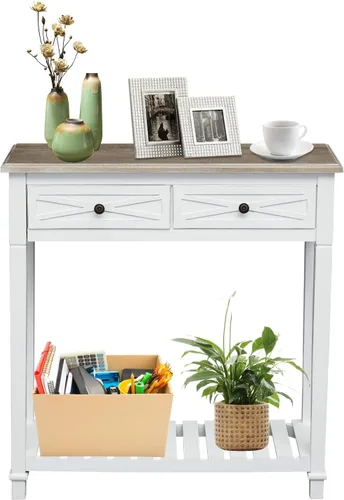 ide·o Mesa consola blanca moderna con almacenamiento, mesa de entrada estrecha, 29.8 pies de largo x 10.8 pies de ancho x 31.8 pies de alto,