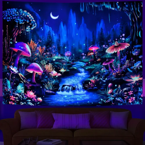 Miniatura 2 de Heopapin Tapiz de luz negra con hongos reactivos a los rayos UV, tapices de fantasía, luz de luna, montaña, bosque, paisaje, misteriosa, selva