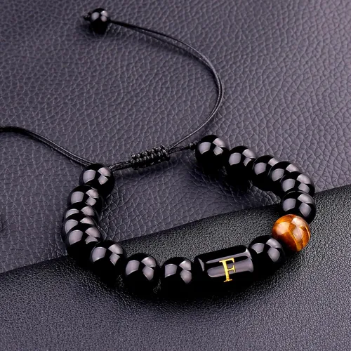 Miniatura 31 de SUMMER LOVE Regalos para el Día del Padre, pulsera con inicial de piedra de ónix negro de 0.394 pulgadas para hombres, pulsera de cuerda trenzada