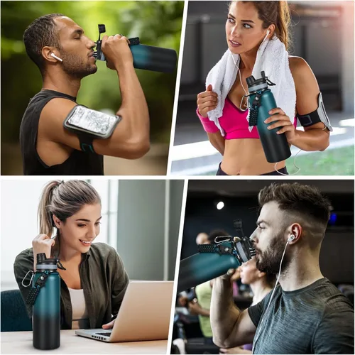 Miniatura 7 de GAZLEMHO Botella de agua aislada de 40 onzas con pajilla y boquilla, tapa 2-en-1, acero inoxidable de triple pared al vacío, fría durante 48H, a