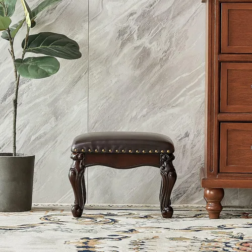 Miniatura 6 de LKZ Taburete otomano de cuero de microfibra para zapatos, taburete pequeño de madera, taburete reposapiés para sala de estar y dormitorio