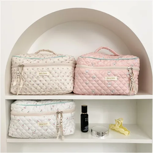 Miniatura 4 de Bolsa de maquillaje de algodón Bolsa de lavado Bolsa de almacenamiento de gran capacidad Cosméticos Mujeres Organizador de viaje Bolsas de Beige