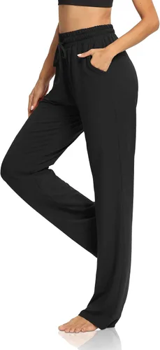 DIBAOLONG Pantalones de yoga para mujer, pierna ancha, cómodos, con cordón, holgados, largos, palazzo, pantalones de entrenamiento con bolsillos