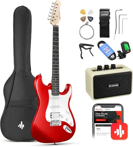 Miniatura 12 de Donner Kit de guitarra eléctrica de 39 pulgadas, cuerpo sólido, Sunburst, para zurdos, principiantes, tamaño completo, con amplificador, lección