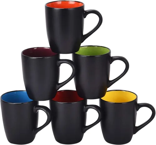 Lifecapido Juego de 6 tazas de café modernas de cerámica negra, capacidad de 16 onzas, perfectas para uso doméstico