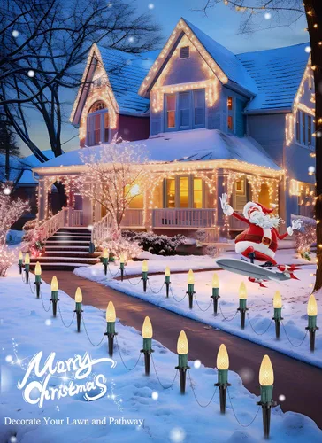Miniatura 5 de Tira de luces LED estilo sendero de Navidad para exteriores; tira de 20 luces LED C9 con carcasa de fresa y estaca, interconectables, luz cálida