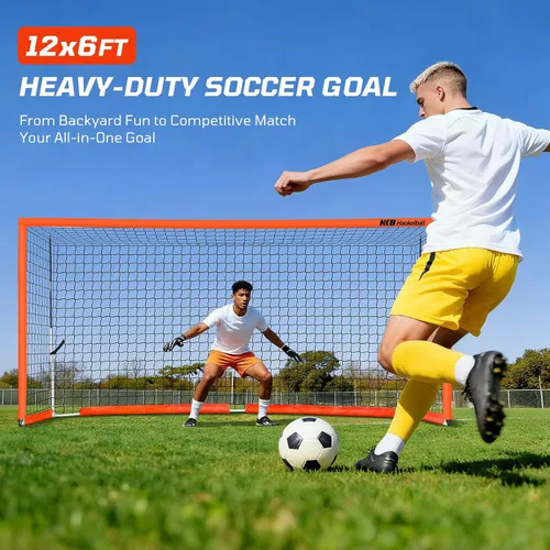 Miniatura 2 de Haokelball Portería de fútbol portátil para patio trasero, red de fútbol de 12 x 6 pies con poste de metal para práctica de adultos y jóvenes