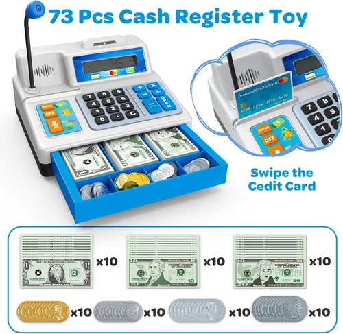 Miniatura 2 de Juguetes de Caja Registradora con Calculadora, Regalo para Niños de 3, 4, 5, 6, 7, 8+ Años, Set de 103 Piezas de Tienda de Comestibles