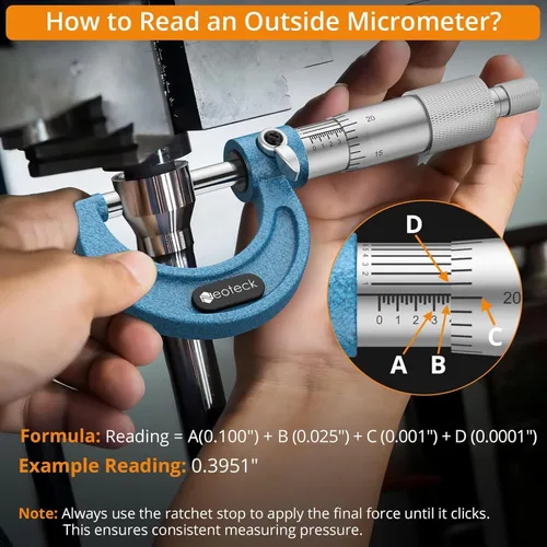 Miniatura 3 de Neoteck Micrómetro exterior de 0-1 pulgada con resolución de 0.0001 pulgadas, yunques con punta de carburo, micrómetro mecánico de precisión