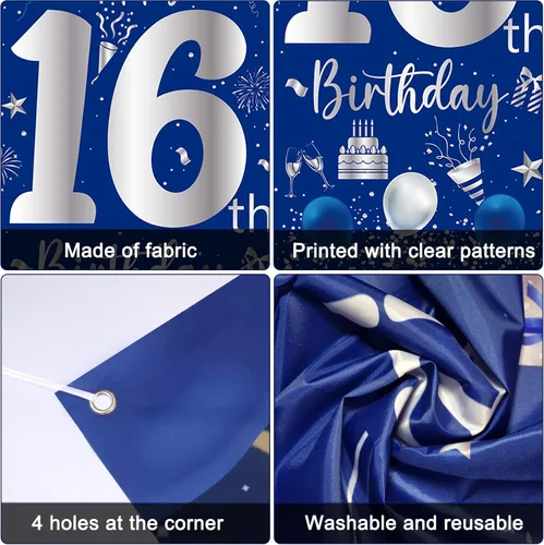 Miniatura 7 de Decoraciones de cumpleaños número 16 para niños y niñas, kit de fiesta de cumpleaños azul plateado con pancarta, globos, globo del número 16